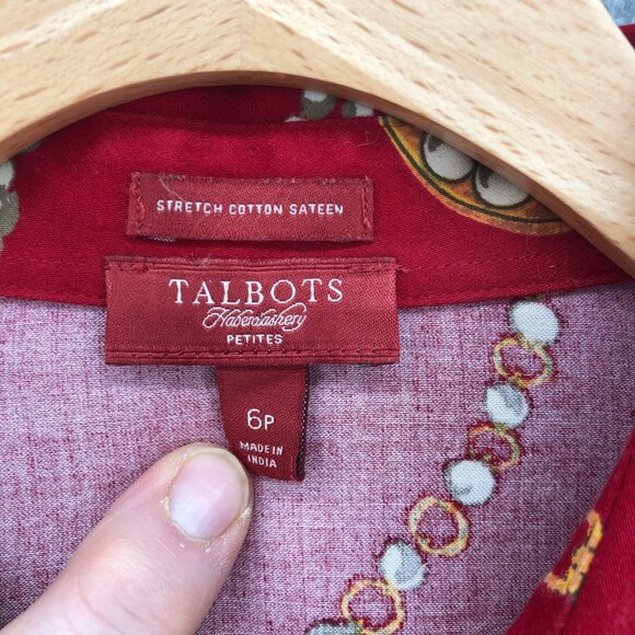 Talbots Shirt Womens 6 Petite Red Button Up Collar Jewelry Chains Haberdashery - Picture 5 of 9